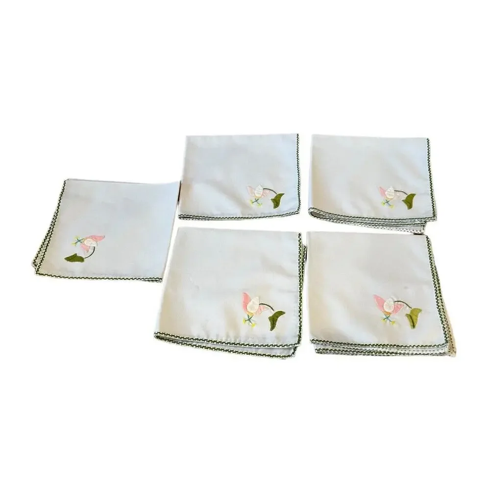 5 Embroidered Linen Napkins Green Edge Floral Farm Country Vtg Handkerchief